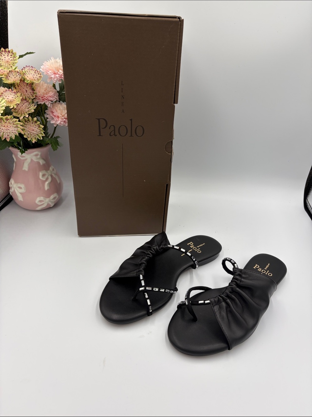 Paolo Black Ruched Slide Sandals with Beaded Straps